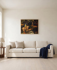 Vision of Saint Eustace by Pisanello framed in natural oak above a cream sofa in a warm living room