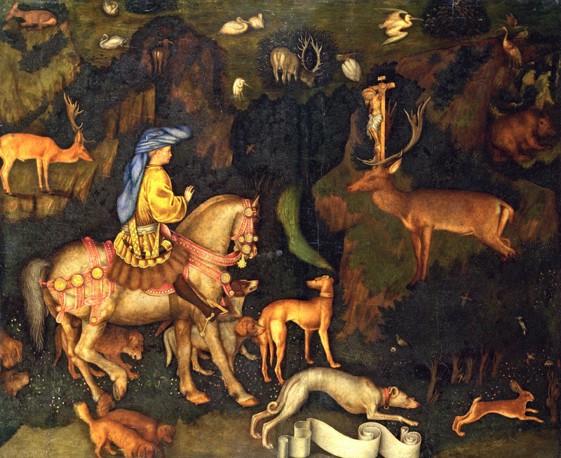 The Vision of Saint Eustace by Pisanello: a rider in a blue hat meets a stag bearing a crucifix, hounds and birds around