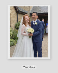 How a custom cartoon wedding portrait is made: your photo, the proof within 24 hours, then framed on your wall
