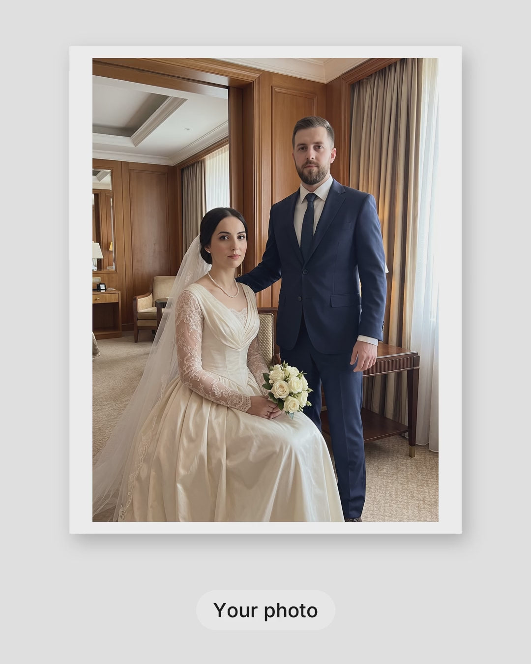 How a custom royal wedding portrait is made: your photo, the proof within 24 hours, then framed on your wall