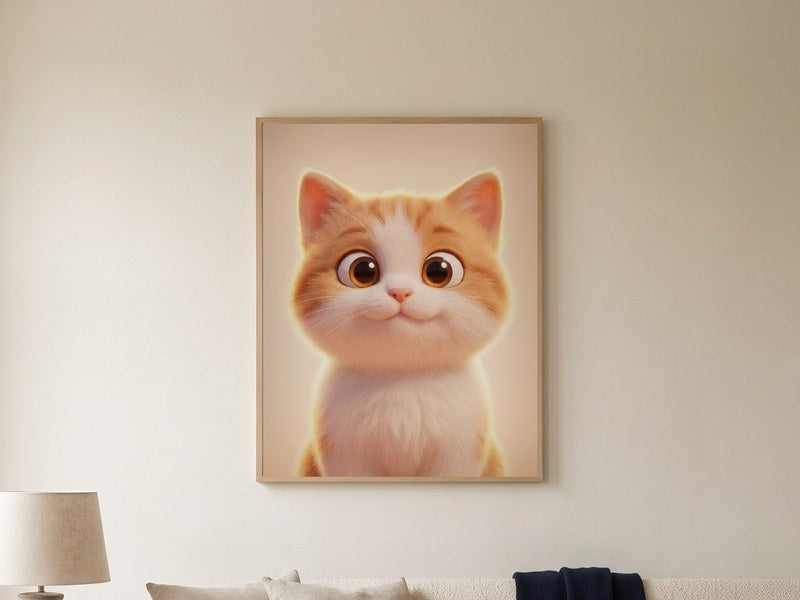 The finished Custom 3D Cat Portrait, framed on the wall