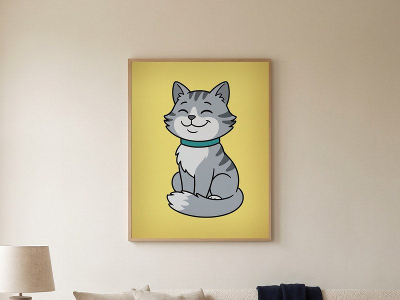 The finished Cartoon Cat Portrait, framed on the wall