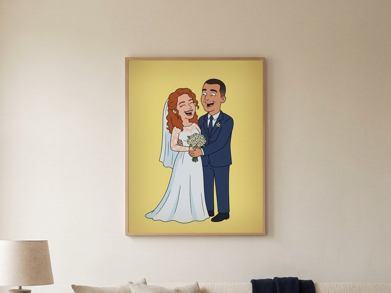 The finished custom cartoon wedding portrait, framed and hanging on a wall