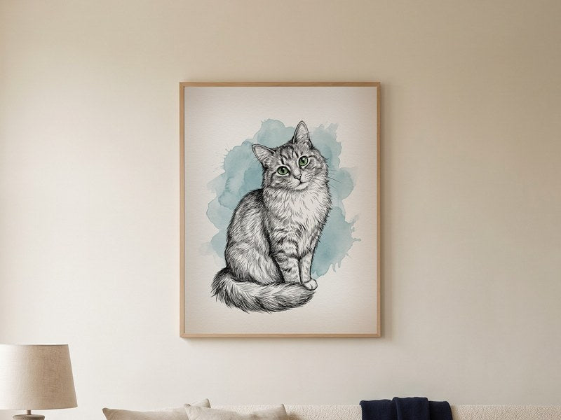 The finished Custom Cat Drawing, framed on the wall