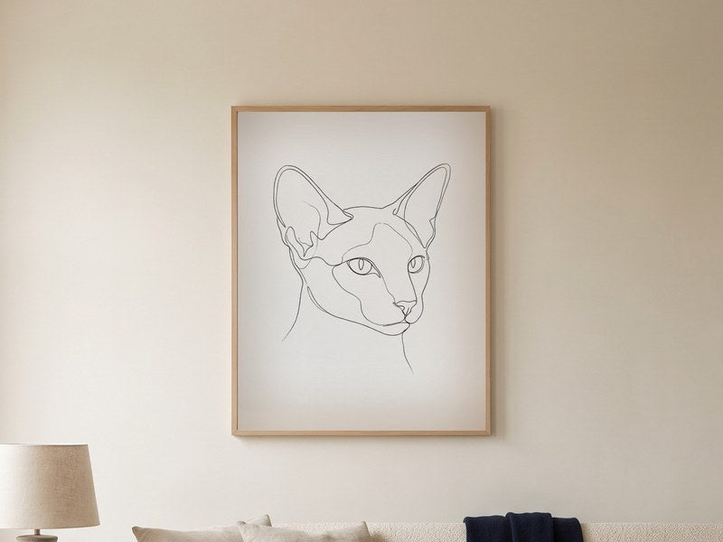 The finished Line Art Cat Portrait, framed on the wall