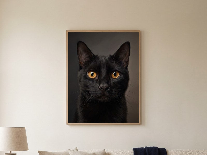 The finished Realistic Cat Portrait, framed on the wall
