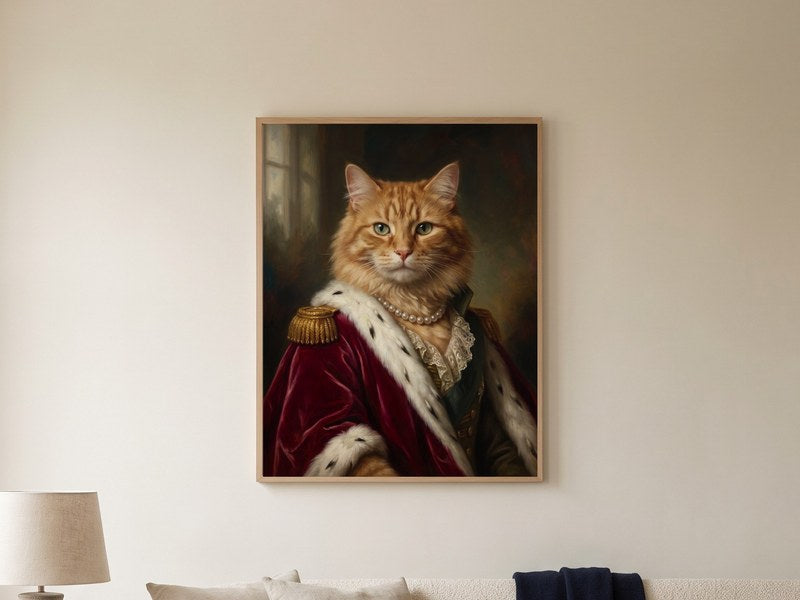 The finished Royal Cat Portrait, framed on the wall