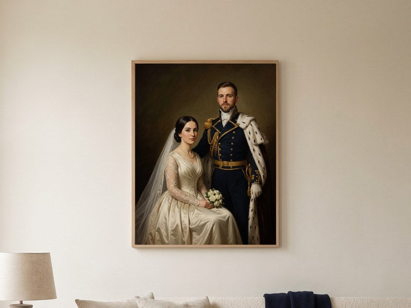 Custom Royal Wedding Portrait framed on a living room wall