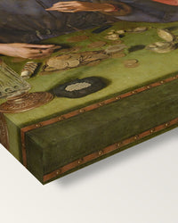 Moneylender and His Wife by Quentin Massys on stretched canvas, corner close-up: the painting mirror-wrapped round the sides