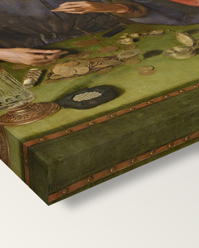 Moneylender and His Wife by Quentin Massys on stretched canvas, corner close-up: the painting mirror-wrapped round the sides