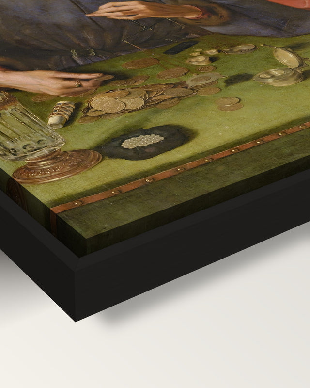 Moneylender and His Wife by Massys framed canvas, corner close-up: black floating frame, painted edge in the shadow gap