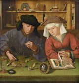 The Moneylender and His Wife by Quentin Massys: a man weighs coins beside his wife and her book, a round mirror on the table