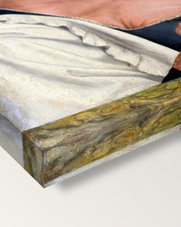 The Ugly Duchess by Quentin Massys on stretched canvas, corner close-up: the painting mirror-wrapped round the sides