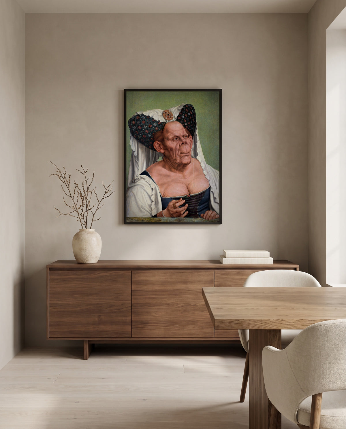 The Ugly Duchess by Quentin Massys in a black frame above a walnut sideboard in a dining room