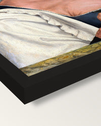The Ugly Duchess by Quentin Massys framed print, corner close-up: black moulding, mitred, the print set just below its edge