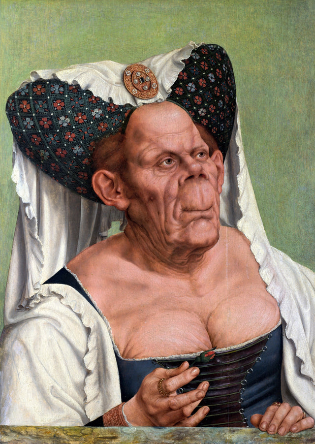 The Ugly Duchess by Quentin Massys: an old woman in a horned headdress and low-cut dress holds a red flower bud