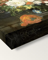 Flowers in a Glass Vase by Rachel Ruysch on stretched canvas, corner close-up: the painting mirror-wrapped round the sides