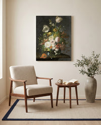 Flowers in a Glass Vase by Rachel Ruysch as a stretched canvas above a linen lounge chair in a reading corner