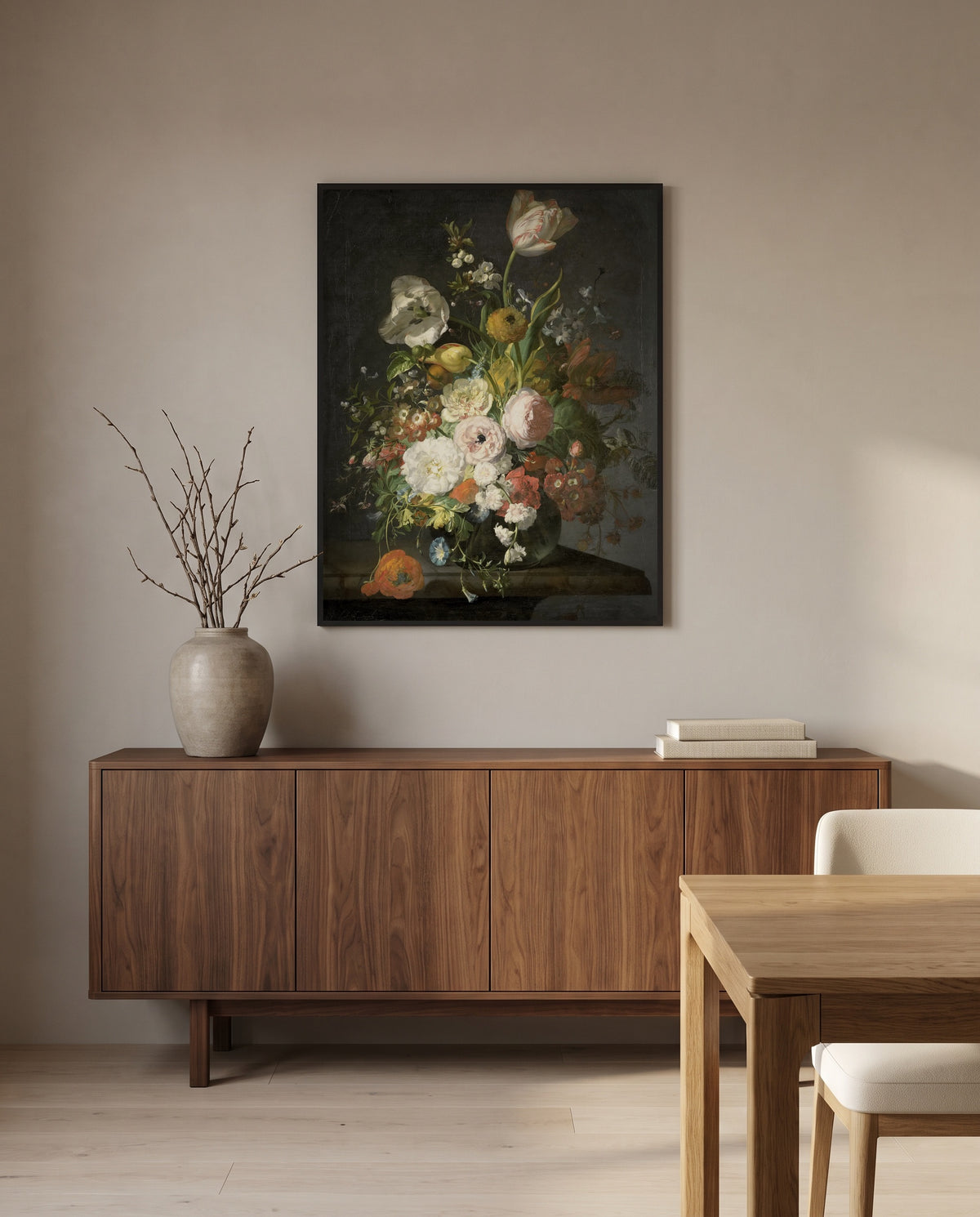 Flowers in a Glass Vase by Rachel Ruysch in a black frame above a walnut sideboard in a dining room