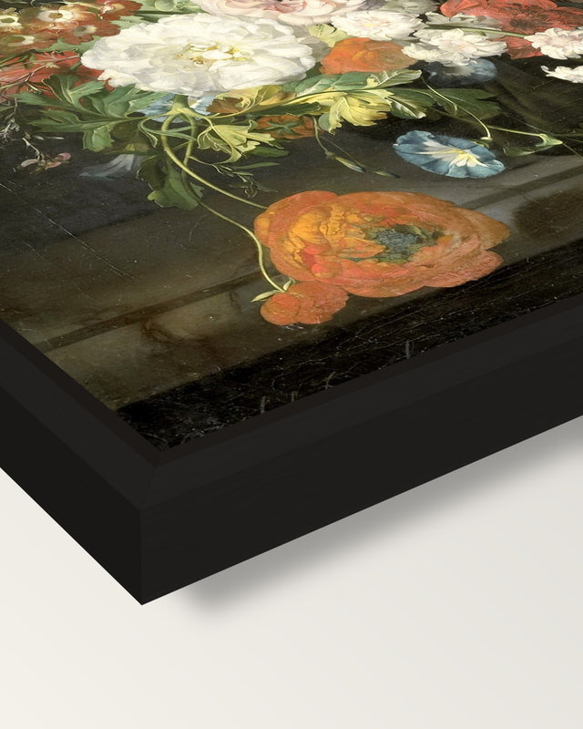 Flowers in a Glass Vase by Ruysch framed canvas, corner close-up: a black floating frame with a shadow gap round the canvas