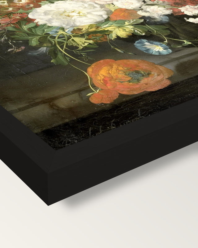 Flowers in a Glass Vase by Ruysch framed print, corner close-up: black moulding, mitred, the print set just below its edge