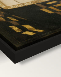Elisabetta Gonzaga by Raphael framed canvas, corner close-up: black floating frame, painted edge in the shadow gap