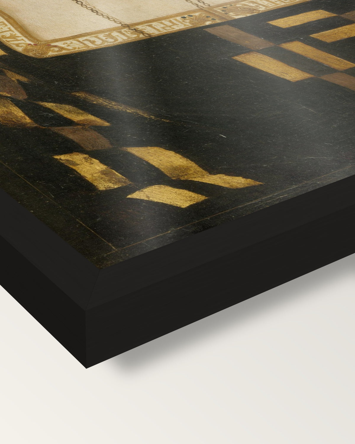 Elisabetta Gonzaga by Raphael framed print, corner close-up: black moulding, the print edge to edge behind plexiglass, no mat