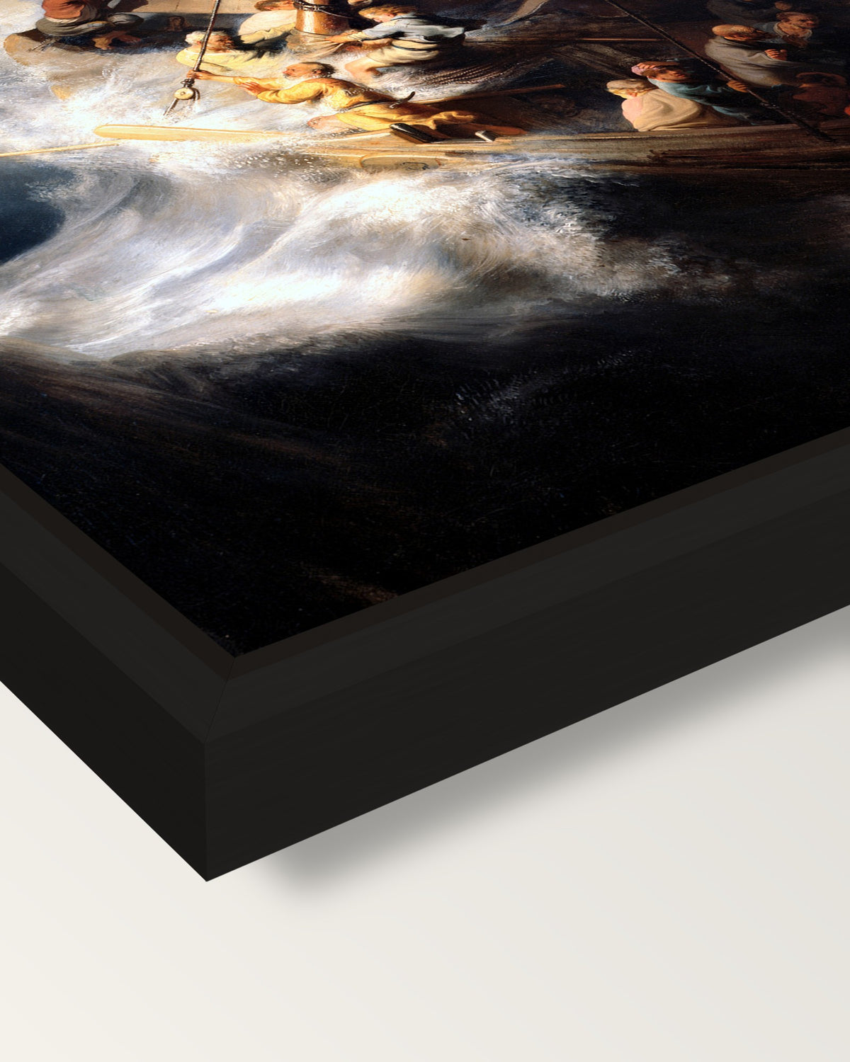 The Storm on the Sea of Galilee framed canvas, corner close-up: a black floating frame with a shadow gap round the canvas
