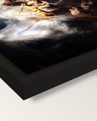 The Storm on the Sea of Galilee framed canvas, corner close-up: a black floating frame with a shadow gap round the canvas