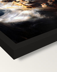 The Storm on the Sea of Galilee framed print, corner close-up: black moulding, mitred, the print set just below its edge