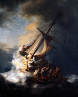The Storm on the Sea of Galilee by Rembrandt: a sailing boat tossed on a huge wave, its crew struggling, under dark clouds