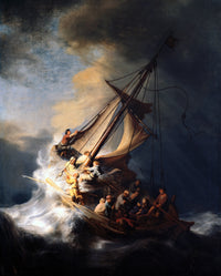 The Storm on the Sea of Galilee by Rembrandt: a sailing boat tossed on a huge wave, its crew struggling, under dark clouds