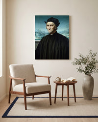 Girolamo Benivieni by Ridolfo Ghirlandaio as a stretched canvas above a linen lounge chair in a reading corner