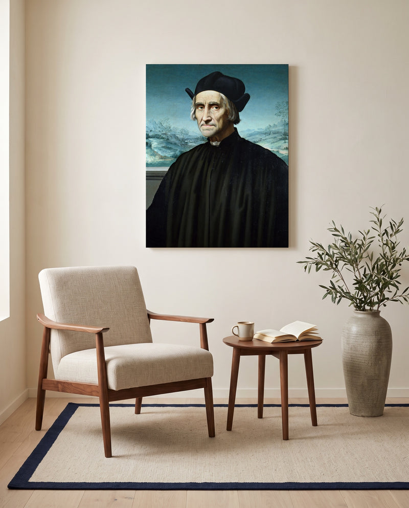 Girolamo Benivieni by Ridolfo Ghirlandaio as a stretched canvas above a linen lounge chair in a reading corner