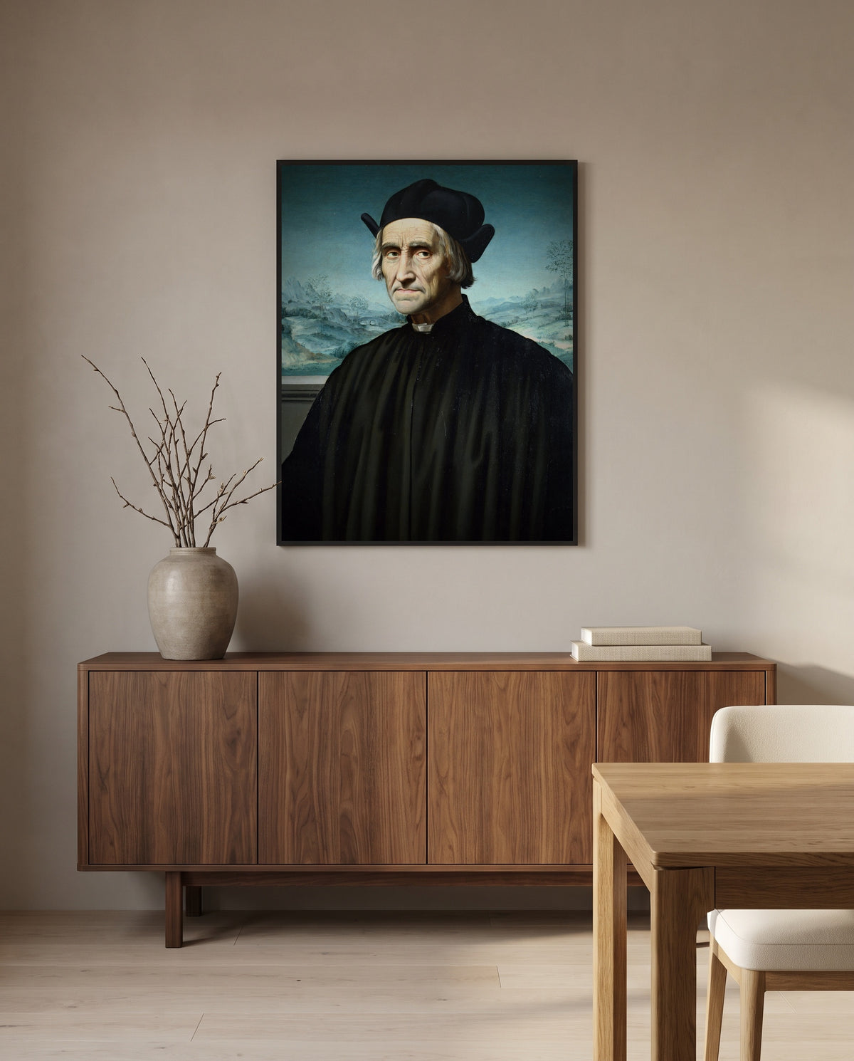 Girolamo Benivieni by Ridolfo Ghirlandaio in a black frame above a walnut sideboard in a dining room