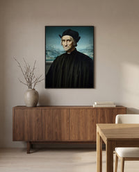 Girolamo Benivieni by Ridolfo Ghirlandaio in a black frame above a walnut sideboard in a dining room