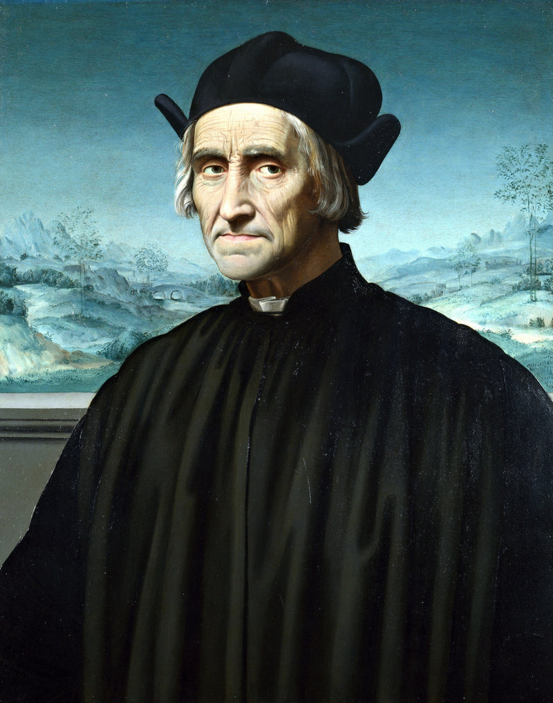 Portrait of Girolamo Benivieni by Ghirlandaio: a wrinkled white-haired man in black before a hazy blue landscape
