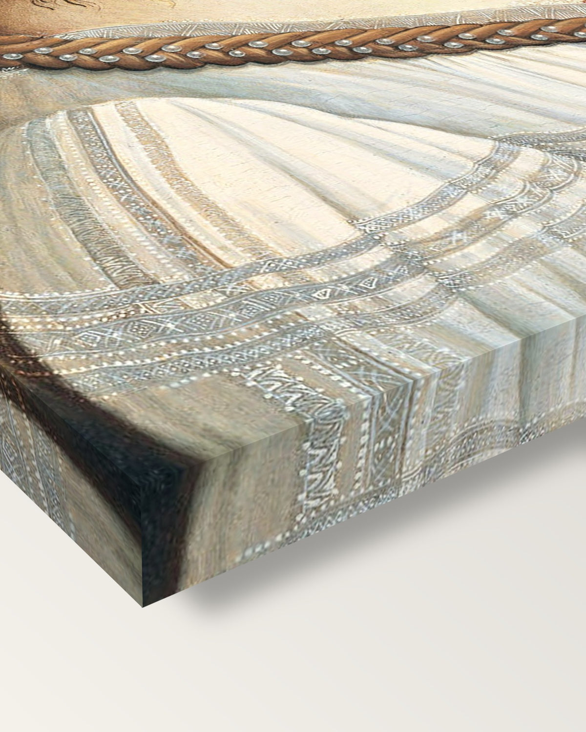 Idealized Portrait of a Lady by Botticelli on stretched canvas, corner close-up: the painting mirror-wrapped round the sides