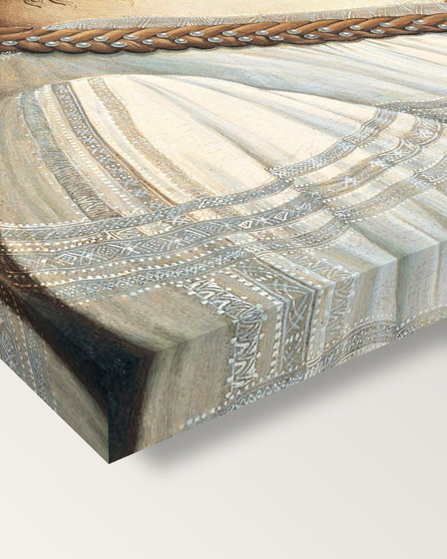 Idealized Portrait of a Lady by Botticelli on stretched canvas, corner close-up: the painting mirror-wrapped round the sides