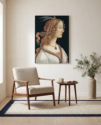 Idealized Portrait of a Lady by Sandro Botticelli as a stretched canvas above a linen lounge chair in a reading corner