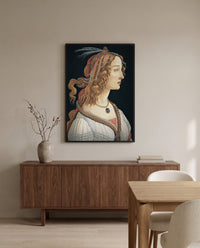 Idealized Portrait of a Lady by Sandro Botticelli in a black frame above a walnut sideboard in a dining room