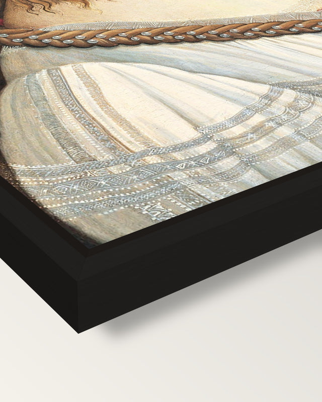 Idealized Portrait of a Lady framed canvas, corner close-up: a black floating frame with a shadow gap round the canvas