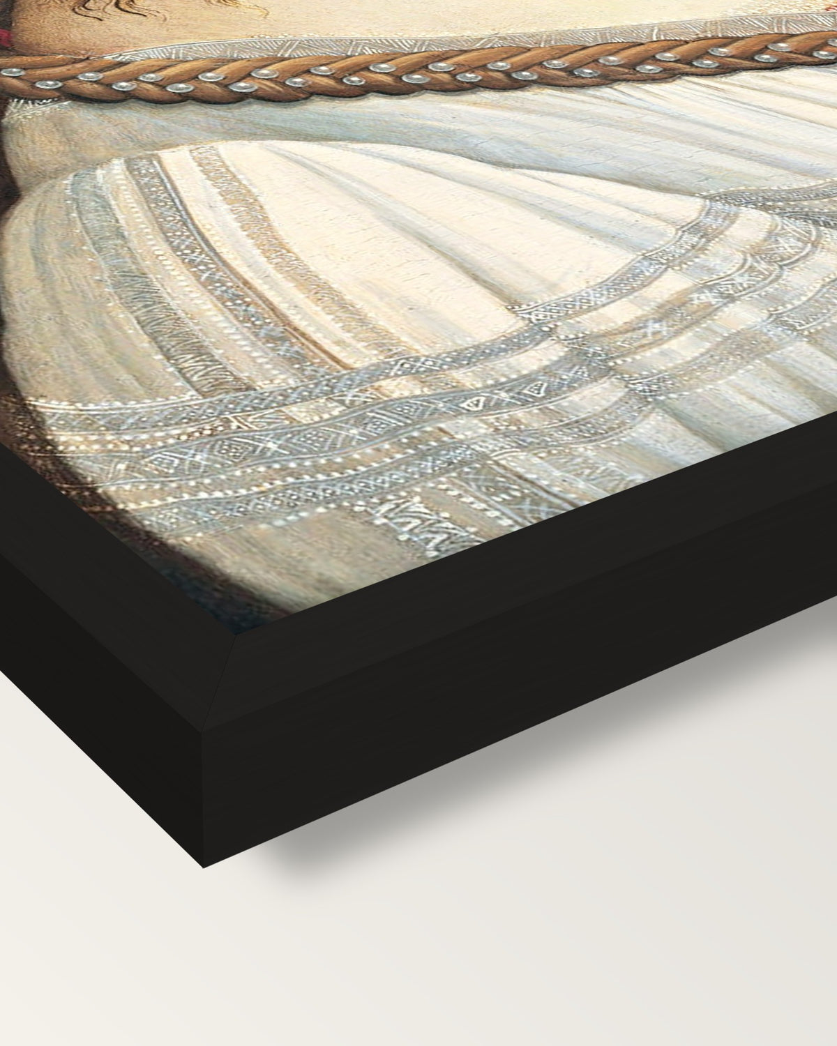 Idealized Portrait of a Lady framed print, corner close-up: black moulding, mitred, the print set just below its edge