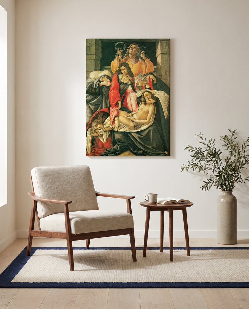 Lamentation by Sandro Botticelli as a stretched canvas above a linen lounge chair in a reading corner