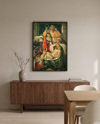 Lamentation by Sandro Botticelli in a black frame above a walnut sideboard in a dining room