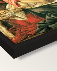 Lamentation by Sandro Botticelli framed canvas, corner close-up: a black floating frame with a shadow gap round the canvas