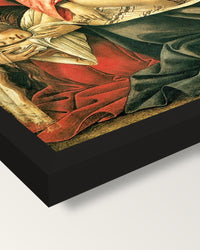 Lamentation by Sandro Botticelli framed print, corner close-up: black moulding, mitred, the print set just below its edge