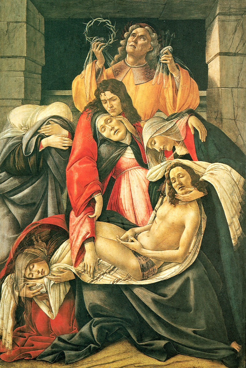 Lamentation by Botticelli: the Virgin holds the dead Christ, mourners in red, green and gold stacked around them