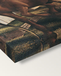 Pallas and the Centaur by Sandro Botticelli on stretched canvas, corner close-up: the painting mirror-wrapped round the sides