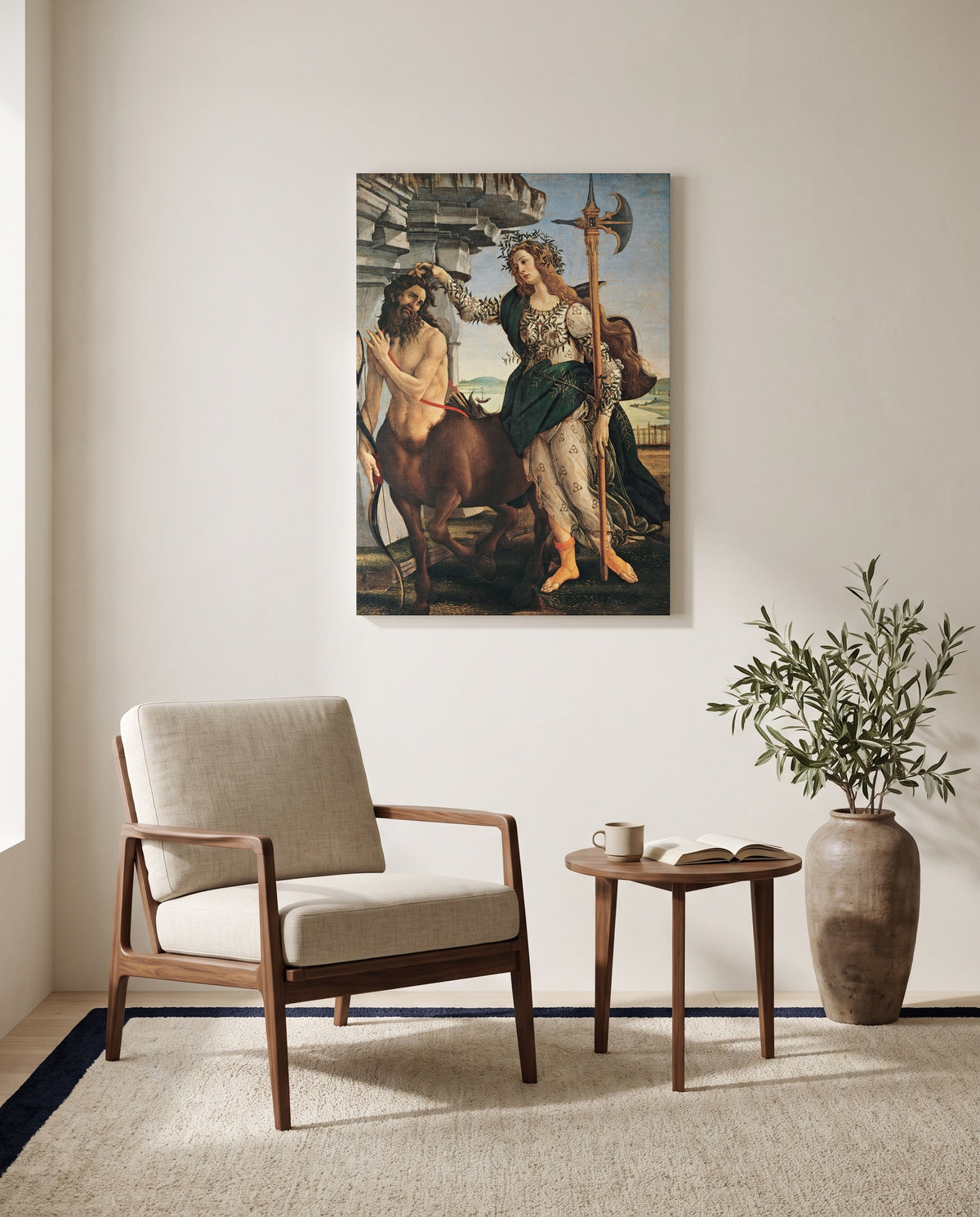 Pallas and the Centaur by Sandro Botticelli as a stretched canvas above a linen lounge chair in a reading corner